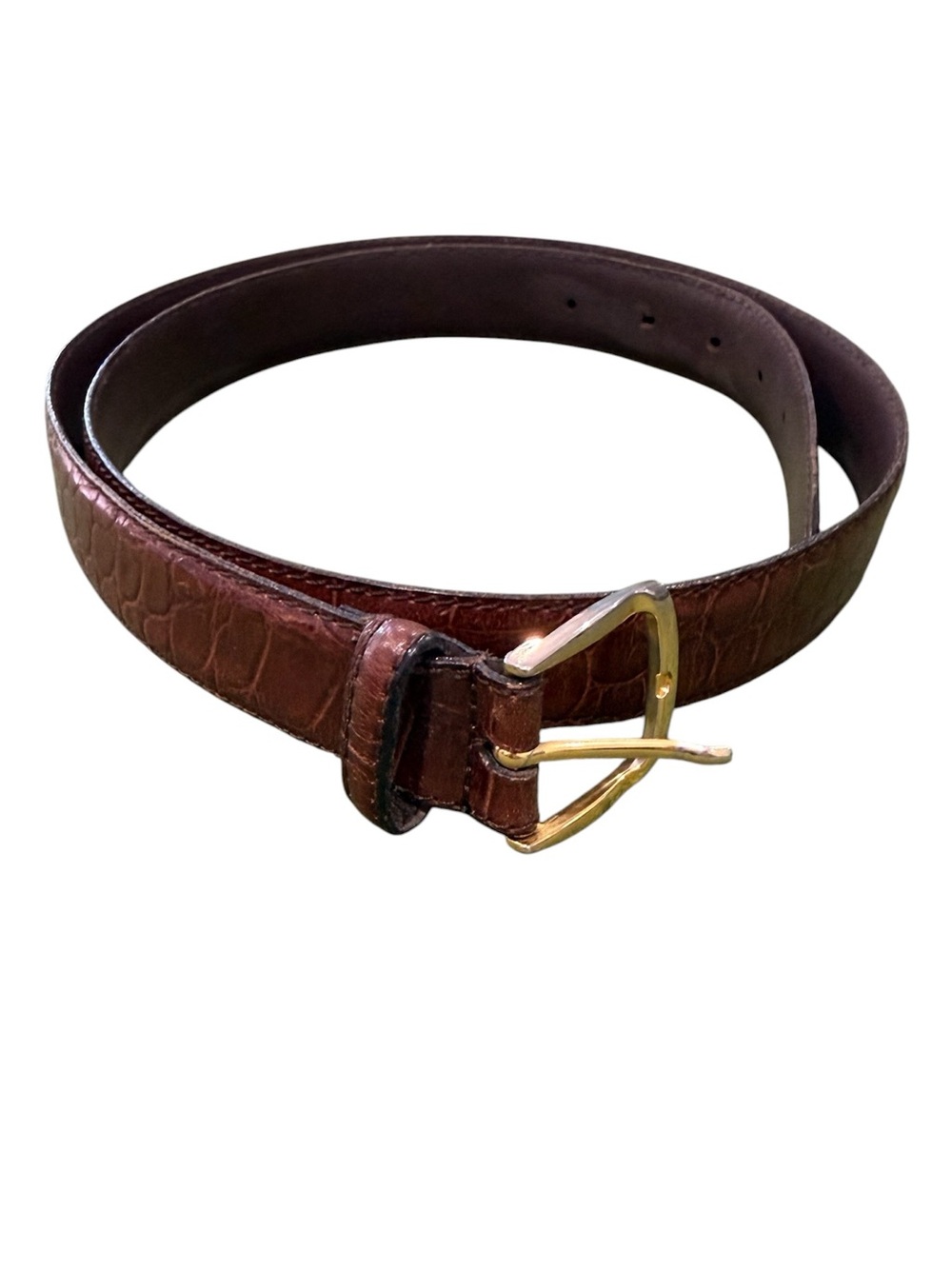 Christian Dior Brown Croc-Embossed Leather Belt with Gold Buckle